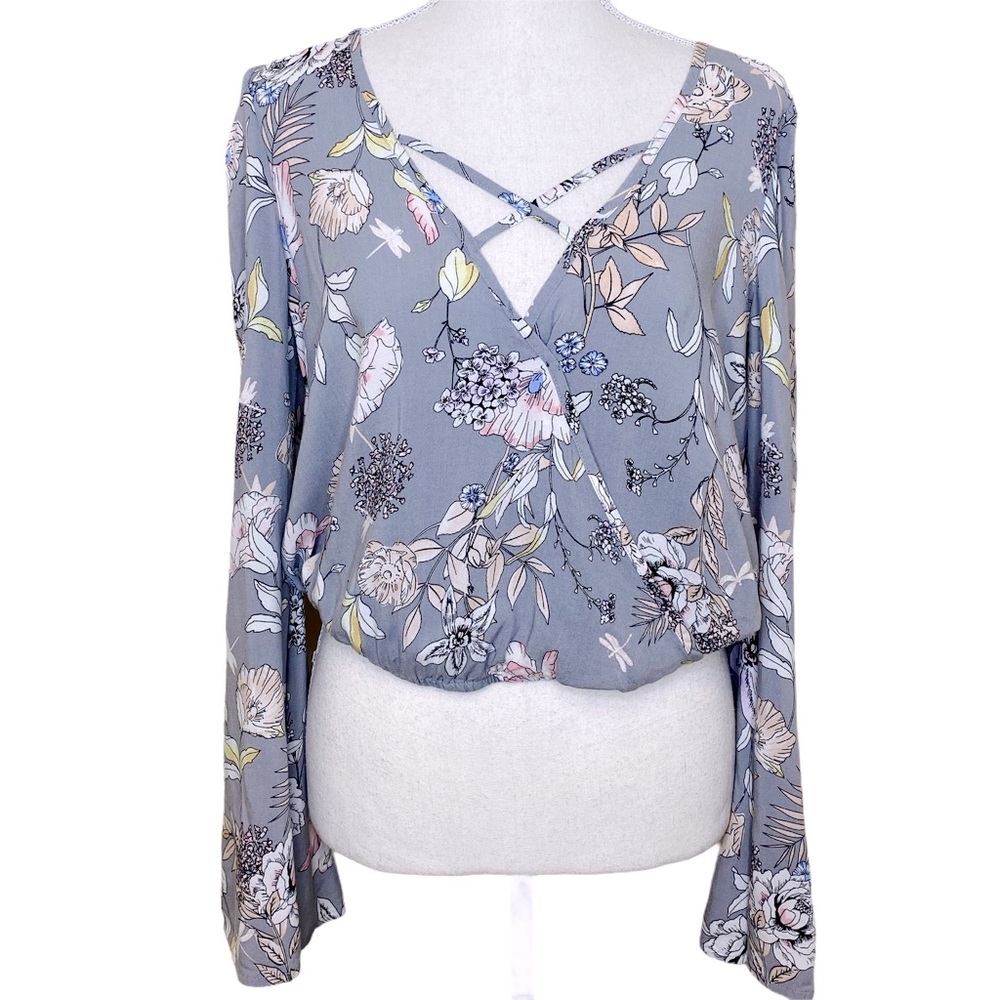 Floral Faux Wrap Wide Sleeve Crop Top Size…